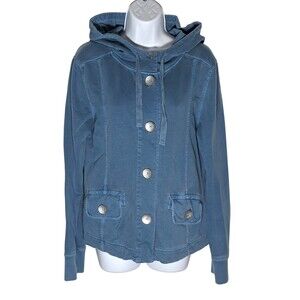 prAna Button Front Hoodie Jacket  Women's Sz L Organic Cotton Blue Outdoors Hike